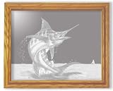 Marlin Art Etching in Framed Wall Mirror, Solid Oak Frame, Hand-Rubbed Finish, 19 x 23 inches