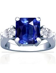 14K White Gold Emerald Cut Blue Sapphire Three Stone Ring