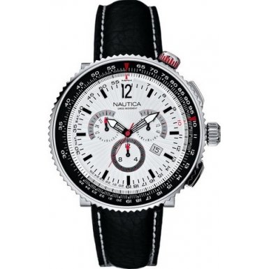 Nautica A37502G Gents OCN 50 Silver Dial Black Leather Strap Chrono Watch