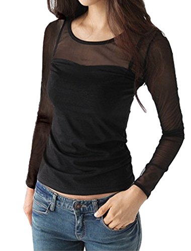 Allegra K Women Long Sleeves Scoop Neck Mesh Panel Top Black L