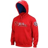 MLB Philadelphia Phillies Adult Long Sleeve Hood Fleece Pull Over (Athletic Red/Deep Royal, Medium)