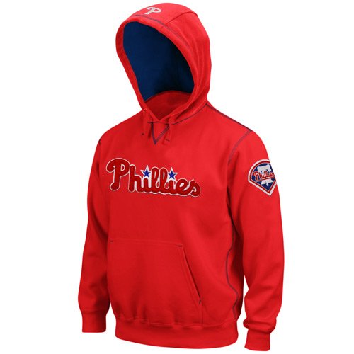 MLB Philadelphia Phillies Adult Long Sleeve Hood Fleece Pull Over (Athletic Red/Deep Royal, X-Large)