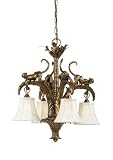 AF Lighting 7324-4H Munzala Candle Base Mini Chandelier, Playful Monkeys In Antique Gold On Banana Leaves