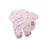 from Universal Textiles Baby Girls Pink Animal Design 5 Piece Gift Set (Babygro, Bib, Vest, Mittens, Hat) (0-3 Months) (Pink)