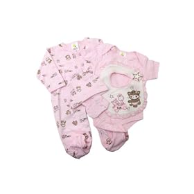 Baby Girls Pink Animal Design 5 Piece Gift Set (Babygro, Bib, Vest, Mittens, Hat) (0-3 Months) (Pink)