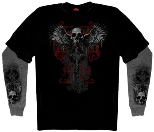 Hot Leathers Black Medium Flying Skull Thermal Sleeve Tee