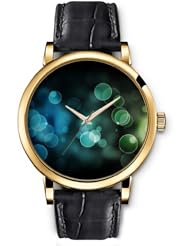 SPRAWL Aanalog Fashion Series Gold Ladies Watches of Genuine Black Leather Strap,Unique Wrist Watch for Women Girls Designed with Bubbles greenish black background