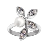 Sterling Silver Freshwater Cultured 6.5mm Button-shaped White Pearl and Crystals Floral Ring Size 8