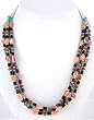 Navajo Four Strand Beaded Choker Necklace with Turquoise, Onyx, and Spiny Oyster, Adjustable from 16" to 20", #8232