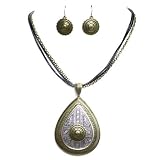 Tear Pendant Necklace Set with Black Rubber Cord, Burnished Silver And Gold Metal