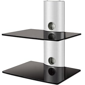 Designer Habitat - 2x Floating Black Glass Shelves Mount Bracket for DVD/Blu-Ray Player, Satellite/Cable Box, Games Console
