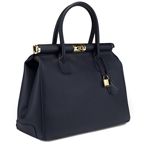 H & S HS 1205 AZ Minerva Made in Italy Leather Navy Structured Top Handle Bag