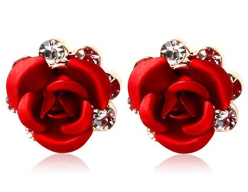 Tanboo Rigant 18K RGP Crystal Accented Rose Stud Earrings (Red)