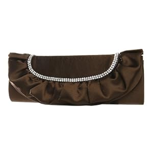 Rich Chocolate Brown Satin Clutch Purse with Ruffle & Rhinestone Detail