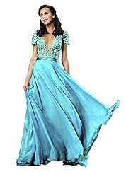 V-neck Short Sleeves Cocktail Floor Length Lace Applique Mesh Chiffon Evening Dress/Prom Dress/Wedding Party Dress 