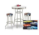 Chrome Bar Table & 2 Chrome Old Muscle Car Hotrod Fabric Seat Barstools