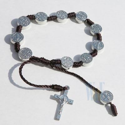 Men or Women's Catholic &amp; Religious Brown St. Benedict Medal Adjustable Cord Bracelet with Medals. Catholic Saint Benedict Patron Saint of Kidney Disease, Poison Sufferers, Students, Poisoning, School Children, Homeless, Monks.
