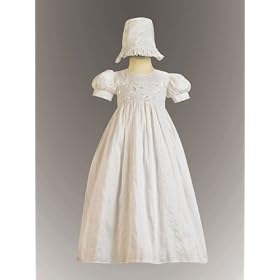 White Silk Christening Baptism Gown with Laced Bodice and Matching Hat