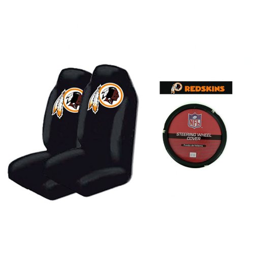 A Set of 2 Universal-Fit Front Bucket Style Seat Covers, and a Comfort Grip Steering Wheel Cover - Washington Redskins