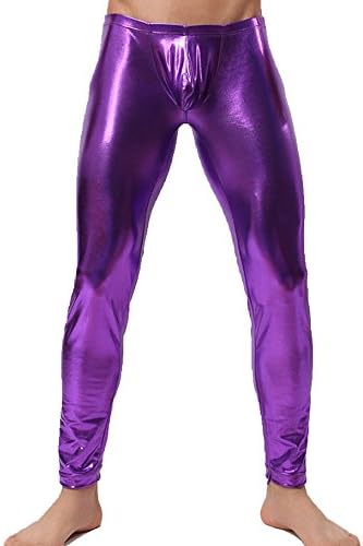 Nine NY Men's Long PU Leather Skinny Muscle Tights Leggings Purple