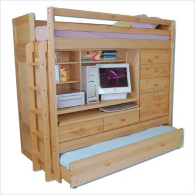 Tradewins Birch Youth Computer Wood Twin over Twin Loft Bunk Bed With Storage Drawers and Trundle in Natural Wood Finish