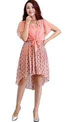 Short Sleeves Tank Polka Dot Print High-Low-Hem  Chiffon  Dress With a Bow(s)
