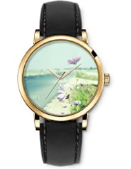 SPRAWL Aanalog Fashion Series Gold Ladies Watches of Genuine Black Leather Strap,Unique Wrist Watch for Women Girls Designed with Flowers on the riverbank