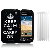 BLACKBERRY CURVE 9380 BLACK/WHITE KEEP CALM & CARRY ON LASERED SILICONE SKIN CASE / COVER / SHELL + 6-IN-1 SCREEN PROTECTOR PACK PART OF THE QUBITS ACCESSORIES RANGEby Qubits