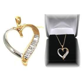 Beautiful SOLID 10k Yellow and White Gold Heart Pendant Necklace with Genuine Diamond Accent -...