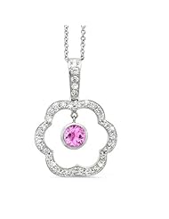 Open Carnation Floral Diamond Pendant With A Round Center Stone In 18K White Gold With A 0.70 ct. Genuine pink-sapphire Center Stone.