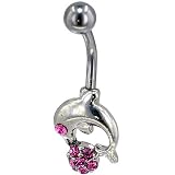 Dolphin With Pink Crystal Beach Ball Dangle Belly Ring
