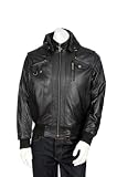 Mens Fitted Bomber Style Leather Jacket Hoody Leather Jacket Brad Black