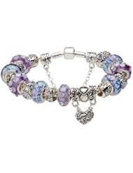 Mothers Day Love Gifts Pandora European Style Blue & Purple Murano Glass Beads MOTHER and DAUGHTER Dangle Charm Beaded Complete Silver Plated Bracelets for Moms Mums Jewelry