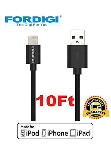 *Improved Version* FORDIGI® APPLE CERTIFIED Extra Long (10 Feet) USB Sync and Charging Lightning Cable for iPhone 5/5S/5C/6/6 Plus, iPad 4, iPad Air, iPad Mini (Apple Certified 10 Ft. Black)