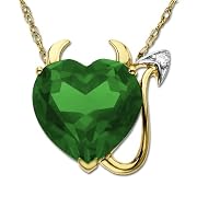 14k Yellow Gold Created Emerald and Diamond Devil Heart Pendant, 18"