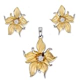 C.Z. Vermeil Gold Plated Flower Earrings And Pendant Set (Nice Mother's Day Gift, Special Sale)