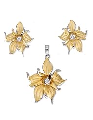 CZ Vermeil Gold Plated Flower Earrings And Pendant Set