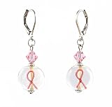 Earrings - E182 - Breast Cancer Awareness Pink Ribbon with Swarovski (tm) Crystal Beads on Leverbacks
