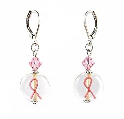 Earrings - E182 - Breast Cancer Awareness Pink Ribbon with Swarovski (tm) Crystal Beads on Leverbacks