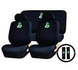 11 Piece Auto Interior Gift Set - Lucky Clover Leafe - A Set of 2 Black Seat Covers, 1 Rear Bench Cover, 1 Steering Wheel, and a Set of 2 Seat Belt Pads