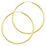 14K Yellow Gold 2mm High Polished Large Endless Hoop Earrings (1.8" or 45mm Diameter)