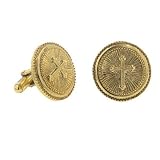 1928 Mens Cuff Links, Gold Tone Round Cross Cufflinks