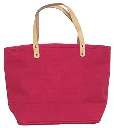 Cotton Colorful Raspberry Red Small Tote Bag with Leather Handle 17"Lx11"H