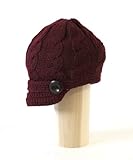IMAGE OF ACABK2913 BURGUNDY Cable Pattern Hand Knitted Newsboy Hat with 1 inch short visor and wooden buttons on the side for an all year round trendy look