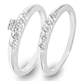1/10 Carat T.W. Round Cut Diamond Band Set 10K White Gold - Two Rings: Ladies Engagement Ring and Ladies Wedding Band - Free Gift Box -