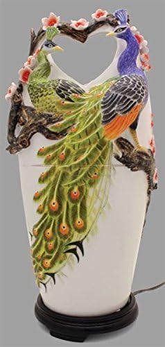 Peacock Lovers Handpainted Porcelain Lamp 3 Dimensional Birds Heart Flowers