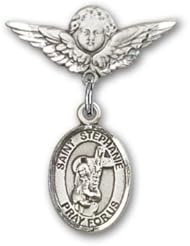 Sterling Silver Baby Badge with St. Stephanie Charm and Angel with Wings Badge Pin