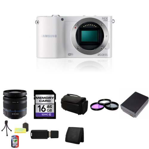 Samsung NX1100 Smart Wi-Fi Digital Camera Body (White) + Samsung 18-55mm f/3.5-5.6 OIS Compact Zoom Lens (Black) + 16GB SDHC Memory Card (Class 10) + 58mm 3 Piece Filter Kit + BP1030 Lithium Ion Replacement Battery + Deluxe Soft Large Camera and Video Case Bag + Mini Tripod Kit + USB SDHC Reader + Memory Wallet On Sale