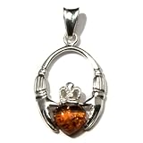 Certified Genuine Honey Amber and Sterling Silver Claddagh Celtic Irish Pendant