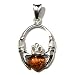 Certified Genuine Honey Amber and Sterling Silver Claddagh Celtic Irish Pendant
